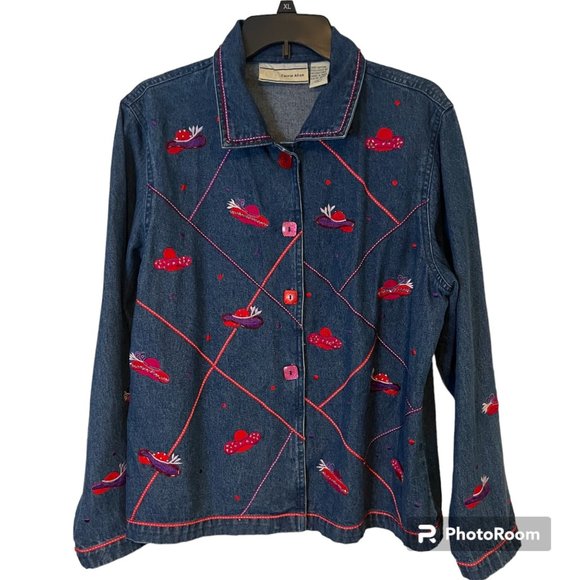 Carrie Allen Jackets & Blazers - Carrie Allen Blue Jean Jacket Women Large Red Hat Society Beaded Red Hats Embroi